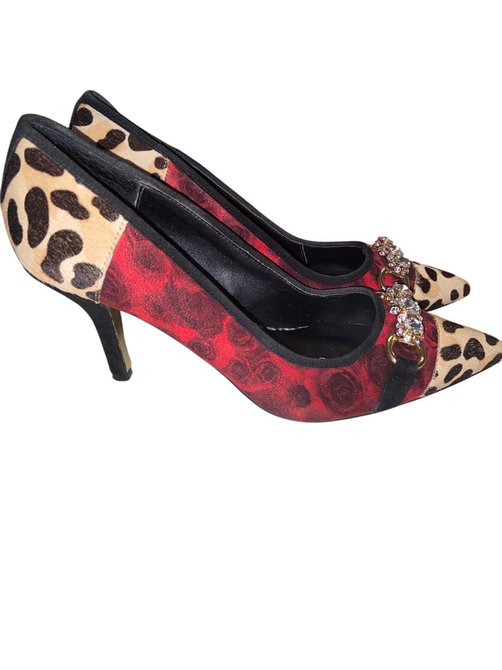 Beverly Feldman High Heels Womens Size 8.5 Shoes Roses Red Leopard Calf Hair